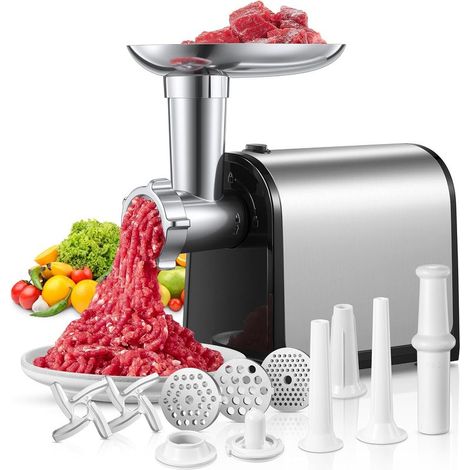 3 en 1 Hachoir à Viande Électrique Professionnel avec 3 Plaques Abrasives en Acier Inoxydable, 1 Kubbe et 3 tubes de Remplissage de Saucisses, 2000W Max (1/5)