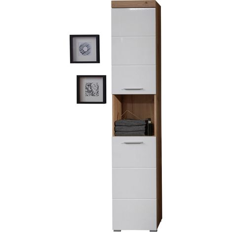 AmandaMando Bad Hochschrank 2 Türen, 1 offenes Fach Eiche Dekor, weiß Hochglanz.
