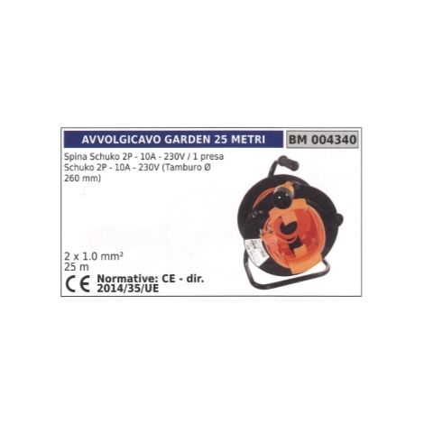 Kabeltrommel 25m Schuko-Stecker 2 Pole 10A 230V / 1 Schuko-Steckdose 2 Pole 10A 230V