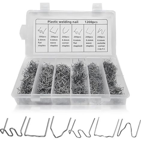 Kunststoff Schweißgerät,1200 Stück Edelstahl Hot Staples,Hot Staples Welder Staple 0,8mm / 0,6mm Schweiß-Zubehör,Stoßstangen-Reparatur set,für Autostoßstange Rissreparatur Heißklammern (1/5)