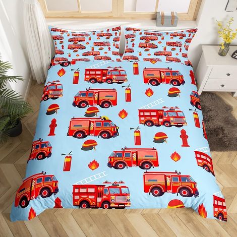 Housse de Couette Enfant 140x200 Voiture de Pompier, Parure de Lit Enfant Ado Garçon Camion de Pompiers Rouge, Sets de Housses de Couettes Voiture, Couvre Lit Bleu (1/5)