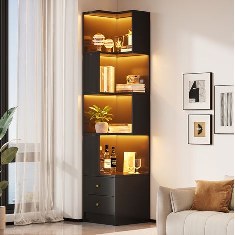 Étagère d'angle bibliothèque avec led et tiroirs, noir, 45 x 43,5 x 180 cm (1/5)