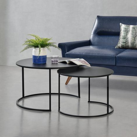 [En.Casa] – Lot de 2 tables basses gigognes rondes noires – Fer – Hauteur 46/41,5 cm – Diamètre 74/58 cm – Capacité 20 kg/table