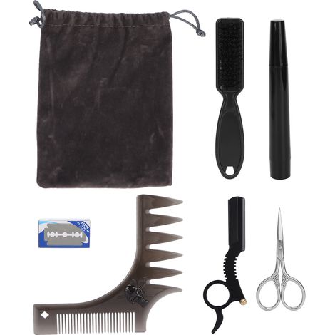 Kit de soin de la barbe pour homme, stylo tondeur, brosse, ciseaux, set moustache et barbe, noir, outillage complet. (1/5)