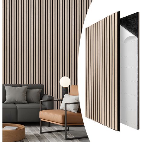 Jiubiaz Panel acústico autoadhesivo de pared, roble, 120x60 cm, listones madera fieltro MDF, set 2 piezas, aislamiento acústico (1/5)