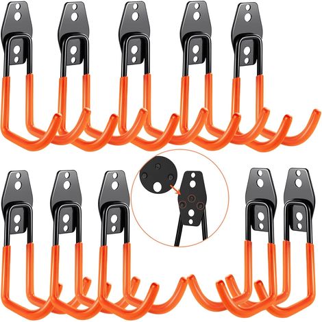 (Orange) 10Pcs Garage Wall Hooks, Garage Storage, Steel Wall Hooks with 3 Welds Instead of 2 Stronger for Ladders, Bikes, Hoses, Power Tools