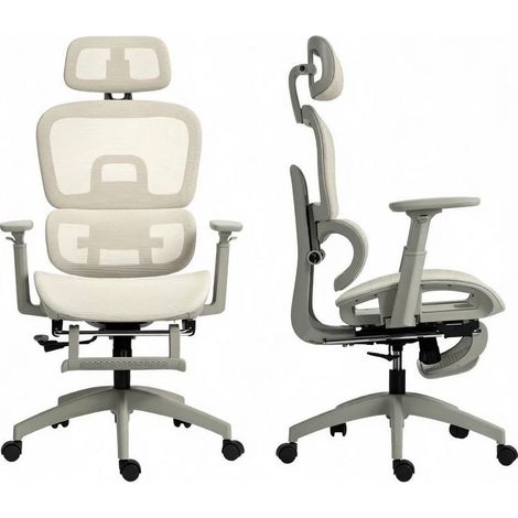 Chaise de bureau ergonomique en mesh beige, dossier inclinable à 135°, appui-tête 3D, soutien lombaire réglable, repose-pieds manuel, charge 120 kg  CHICFURN (1/5)