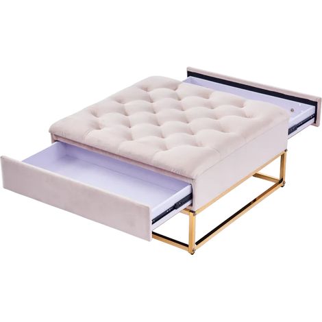 Pouf Coffre TIROIRS Carré Plateau Velours Capitonné Écru 80x80x43cm 2 Tiroirs