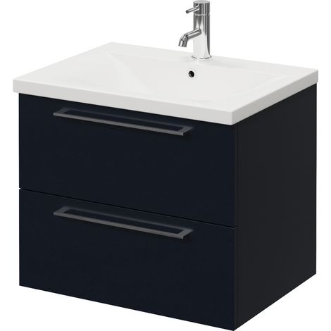 Napoli 460 Deep Blue 600mm Wall Mounted 2 Drawer Vanity Unit with Glide Basin - 600mm - Chrome 320mm Handle