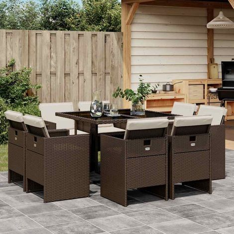9-tlg. Garten-Essgruppe mit Kissen Braun Poly Rattan (1/5)
