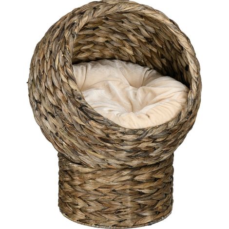 Panier pour chat en jacinthe d'eau avec coussin amovible et support, niche surélevée respirante, 40 x 37 x 51 cm, idéale pour petits espaces, CHICFURN (1/5)
