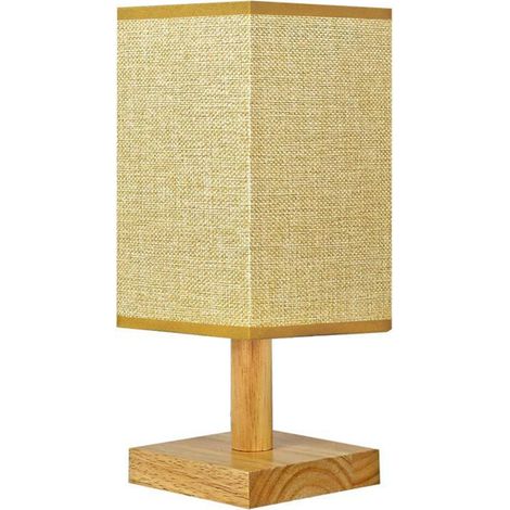 Nachttischlampe im Retro-Stil aus Naturholz, quadratische Form, Lampenschirm aus Stoff, USB-Anschluss (Plug & Play)