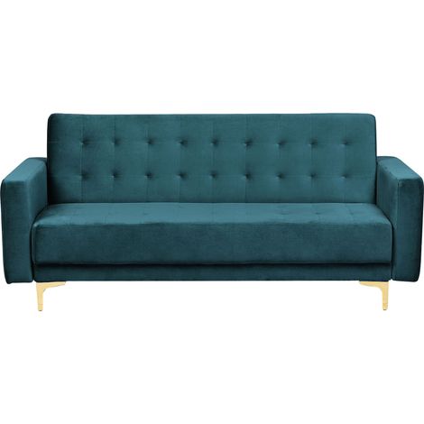Sofá 3 plazas de terciopelo verde azulado dorado reclinable acolchado patas metal Aberdeen