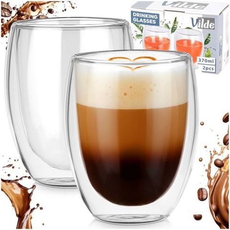 Verre Thermique - Double Paroi - Verre Borosilicate - 370 ml - Pour Boissons Chaudes et Froides - 2 Pièces