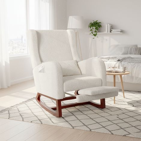 Fauteuil à bascule - dossier en polaire teddy, repose-pieds rétractable, 132x64x99 cm, doté d'accoudoirs et de poches latérales - Blanc (1/5)