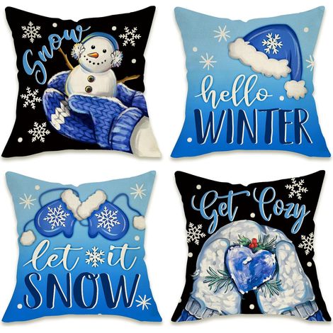 Fundas de cojín decorativas con forma de manopla, juego de 4 fundas de cojín, 45 x 45 cm, funda de almohada exterior con gorro de muñeco de nieve para porche/patio. (1/4)