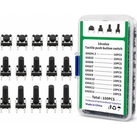 100Pcs 10 Valeurs 6x6mm Interrupteur à Bouton Poussoir Tactile, 4 Broches Kit Assortiment D'Interrupteurs, Pieds Longs Tactile Bouton-Poussoir pour Audio (1/5)