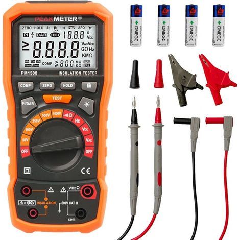 Testeur de résistance d'isolement mégohmmètre numérique 1000 V AC/DC pour appareils électriques, résistance d'isolement jusqu'à 100 GΩ, avec PI/DAR, test de fréquence et basse tension, avec écran LCD (1/5)