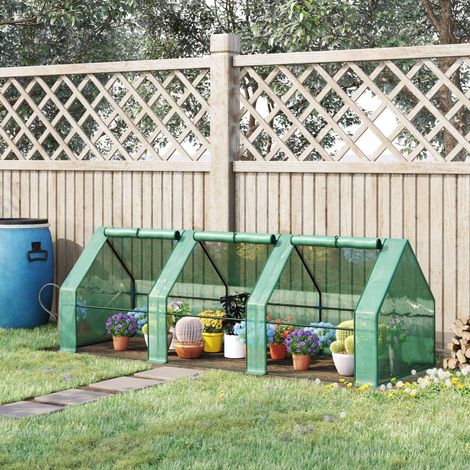 Outsunny Gewächshaus mit 3 Rollfenster, PE-Gitterfolie, Foliengewächshaus aus Stahl, Treibhaus für Balkon, Garten, Tomatenhaus 270x90x90cm, Tomatengewächshaus für Gemüse, Blumen, Pflanzen, Grün
