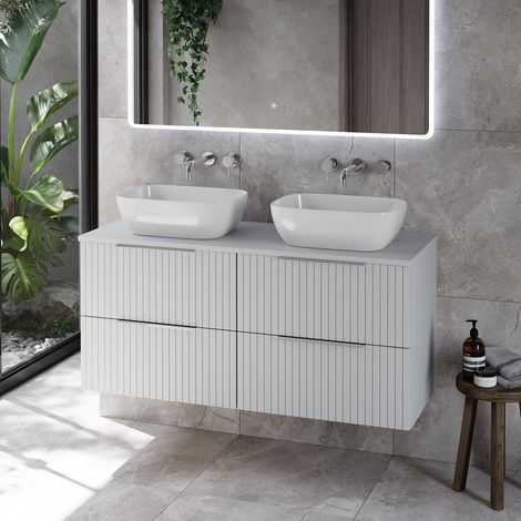 Helix 460 Fluted Satin White 1200mm Wall Mounted 4 Drawer Vanity Unit for Countertop Basins