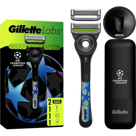 Gillette Labs Rasierapparat mit 2 Klingen Handstück + Slim Travel Case "UEFA Champions League" Rasierer + Reiseetui