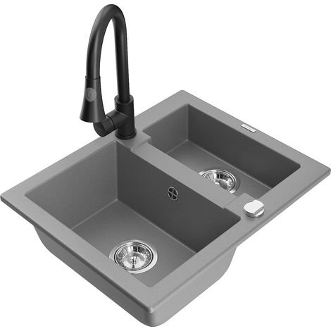 Mexen Carlos 1,5-Kammer-Granitsplüle mit Küchenarmatur Elia, grau - 6518-71-670101-70 (1/5)