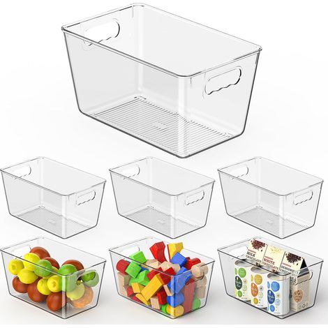 Set mit 6 mittelgroßen (25 x 15 x 13 cm) transparenten Aufbewahrungsboxen aus Kunststoff für Küche, Speisekammer, Schränke und Büro. Öffnung oben für einfache Organisation. (1/5)