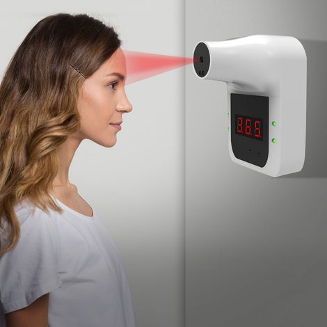 Thermomètre frontal infrarouge sans contact mural avec affichage °C/°F et alarme de fièvre, idéal pour le bureau, la maison, les supermarchés, le métro, les écoles et les entrées publiques. (1/4)