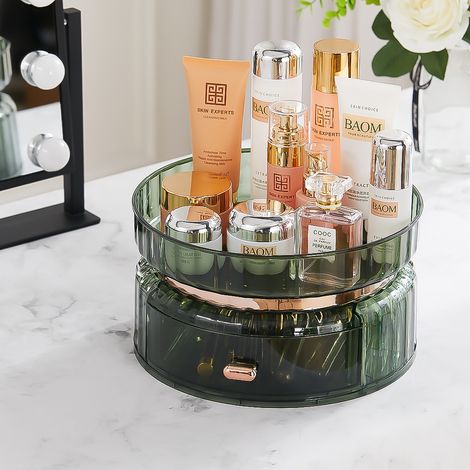 360° Rotating Makeup Cosmetic Organizer with Drawer,Green (1/5)
