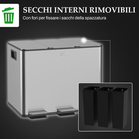 Poubelle 3 compartiments 20L, silencieuse, acier inoxydable et PP, dimensions 61,9x36,6x56,7 cm (1/5)