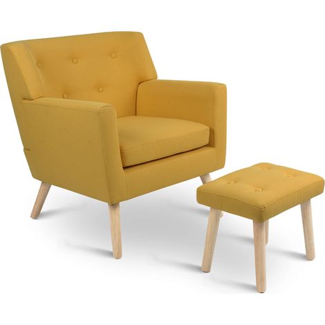 Idmarket – Fauteuil relax scandinave en tissu jaune moutarde – Repose pieds amovible – Pieds en bois naturel – Confort optimal pour salon et bureau (1/5)