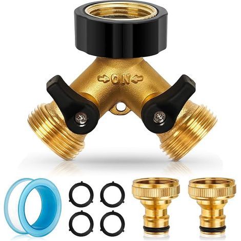 2 Voies 3/4 Y-Distributeur Raccord Tuyau D'arrosage, Robinet Double Machine a Laver, Adaptateur Tuyau Arrosage en Laiton, avec Robinets D'arrêt Individuelles (Or) (1/5)