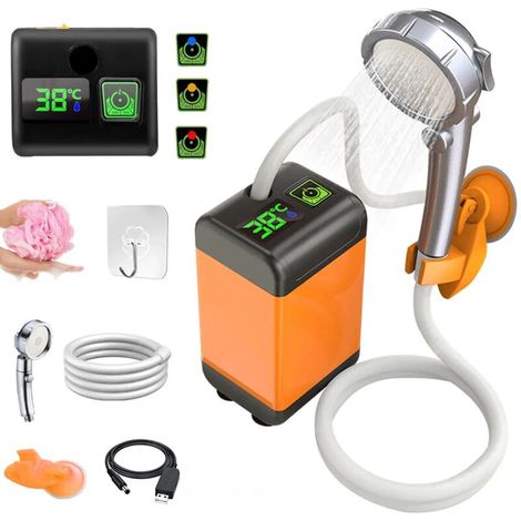Douche électrique portable (6000 mAh) pour le camping et l'extérieur, avec affichage numérique de la température. Idéale pour le jardin, le lavage de voiture et d'animaux.
