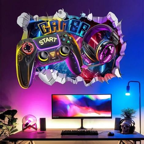 Stickers Muraux Gamer 3D Autocollant Mural Gaming Jeux Vidéo Décoration Murale Salle de Jeux Chambre Adolescents Dortoir (1/5)