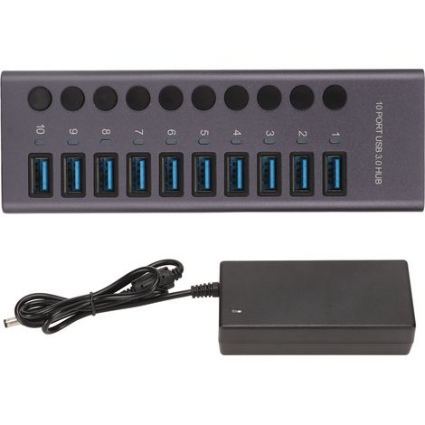 10-Port USB 3.0 Hub mit unabhängiger Stromversorgung, Lade- und Datenübertragungsfunktion, EU-Stecker 100-240 V. (1/5)