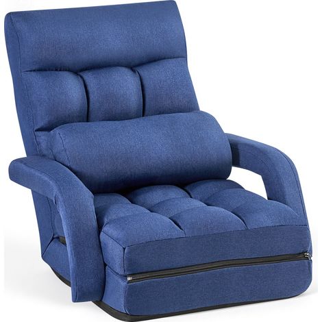 Fauteuil de Sol Pliable, Dossier Réglable à 5 Positions, Chaise de Sol en Lin avec Accoudoirs et Coussin, Structure en Métal et Mousse Recyclée, pour Lecture, Détente, Méditation, Bleu Foncé (1/5)