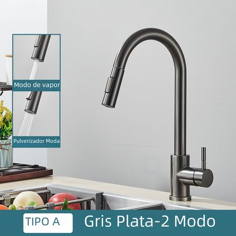 (Gris) Robinet de cuisine à double fonction en acier inoxydable, type extractible à poignée unique, robinet d'eau chaude et froide. (1/5)