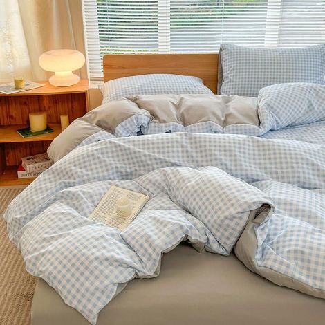 Bettwäsche Set 155x220cm Blau Kariert mit 2 Kissenbezügen 80x80cm Mikrofaser