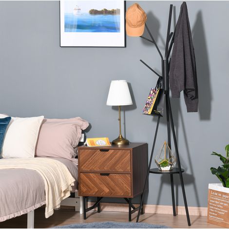 Appendiabiti da terra in metallo nero 180 cm con 3 barre, 8 ganci e ripiano (1/5)