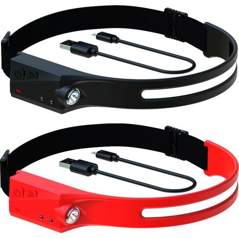 Lampe frontale éléganteRechargeabledirigélampe frontale 230°Lampe frontale adulte à faisceau haute puissance, noire et rouge (1/5)