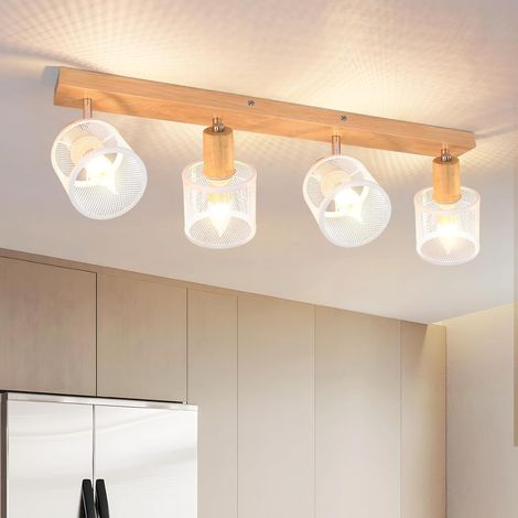 Plafonnier 4 Spots Orientables Bois et Métal Blanc, Douille E14, Luminaire de Plafond pour Salon, Chambre, Cuisine et Couloir(sans ampoules) (1/5)