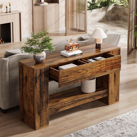Tribesigns – Table console marron 140 x 30 x 84,5 cm – 2 tiroirs coulissants – Plateau MDF renforcé 4,5 cm – Profondeur réduite pour petits espaces