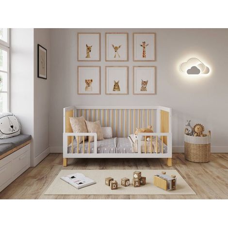 Lit Bébé Evolutif Convertible 140 x 70cm blanc-pin, Lit d'enfant en bois 3 EN 1, 3 Niveaux de Réglage de la Hauteur