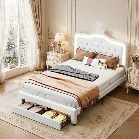 Lit double capitonné réglable en hauteur 140 x 200 - Lit adulte avec 2 tiroirs - Lit princesse couronne avec éclairage LED - Sommier à lattes - PU Blanc (1/5)