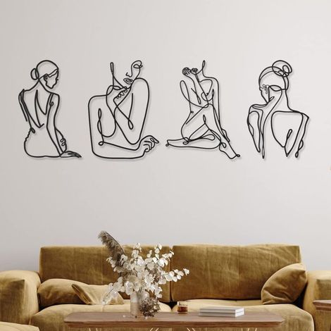 4 Pcs Décorations Murales en Métal Art Mural en Métal Noir Dessin au Trait Unique Femme Abstraite Minimaliste Sculptures Murales Modernes Femme Accents Décoratifs Suspendus pour Maison (1/4)