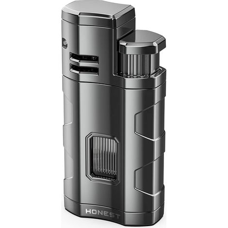 Briquet Tempête à Triple Jet de Flamme Réglable Coupe-Vent Gaz Butane Rechargeable avec Poinçon (Vendu sans gaz) (1/5)