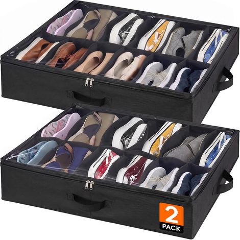 Rangement pour chaussures sous lit, pliable avec poignées solides et fenêtre transparente, Noir, 2 pièces, 746015cm (1/5)
