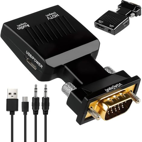 Adaptador VGA a HDMI 1080P, convertidor VGA macho a HDMI hembra de 60 Hz con cable de 3,5 mm y cable de alimentación para conectar un ordenador portátil antiguo a un televisor o monitor HDTV. (1/5)