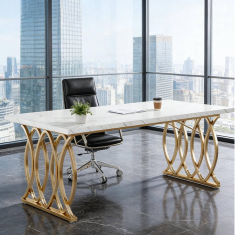 MEUBLIV Bureau 160 x 80 cm blanc et doré – finition marbre, montage facile (1/5)
