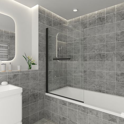800 x 1400mm Bathroom Round Bath Screen Reversible 6mm Easy Clean Glass Black with Towel Rail (1/5)
